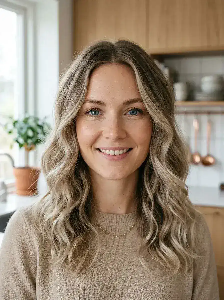Dame med askeblond balayage og løse bølger i skulderlengde