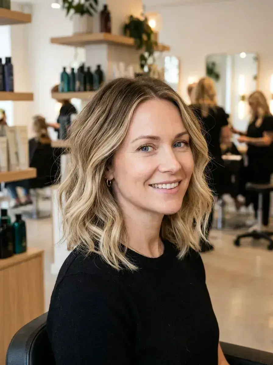 Halvlangt blondt hår med balayage og løse bølger, mørk rot og lyse spisser