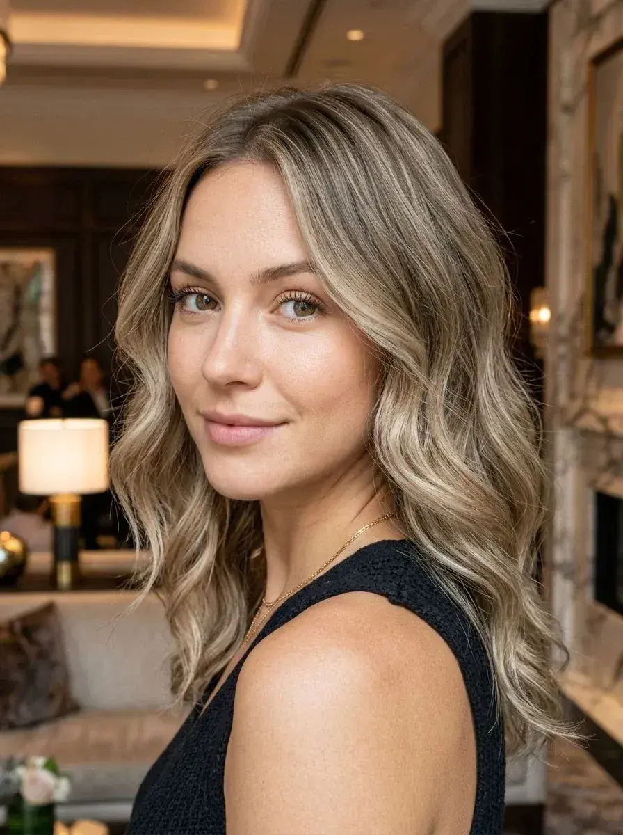 Dame med lysblond balayage lob og løse bølger i elegant interiør