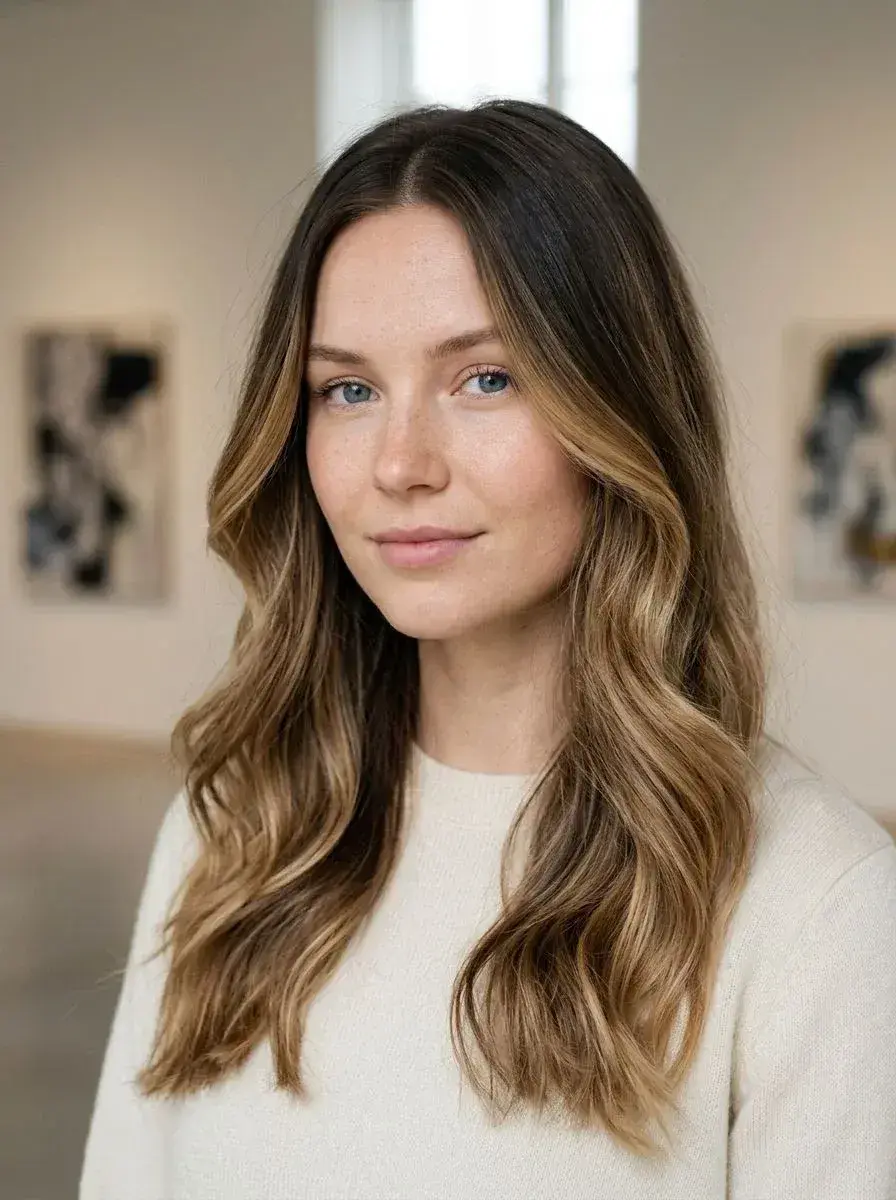 Langt bølgete hår med balayage fra mørk rot til lys blond i tuppene