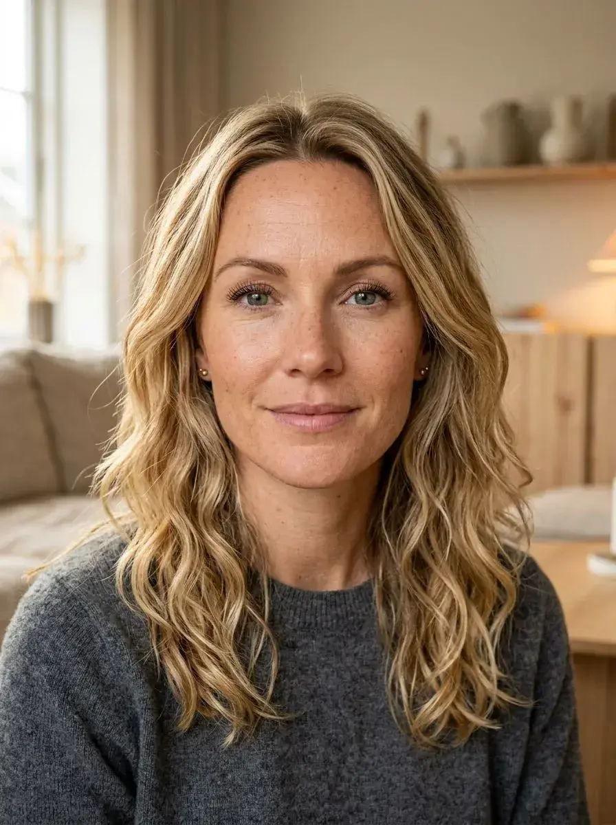 Dame med halvlangt blondt bølgehår og balayage-highlights i naturlig lys
