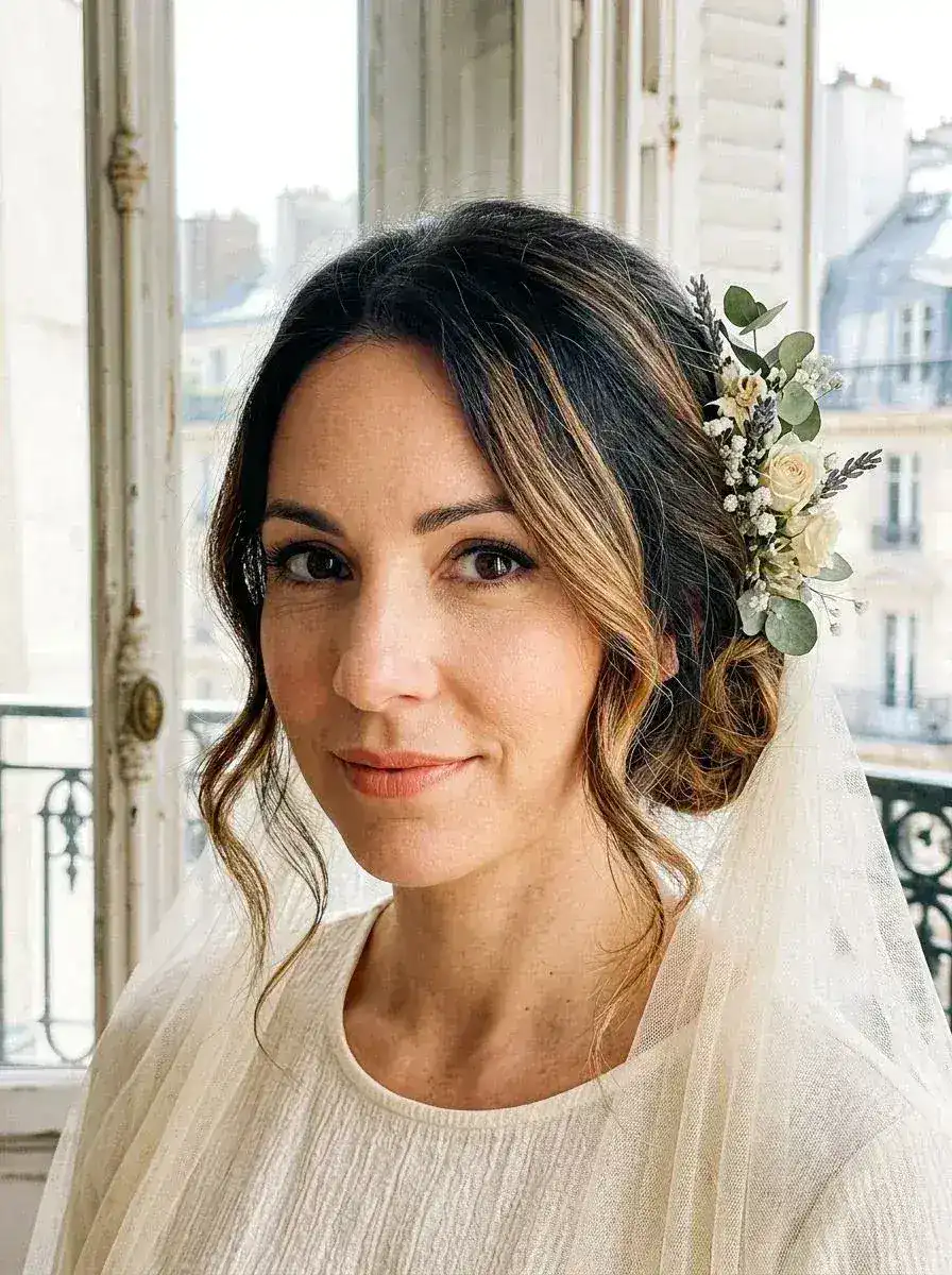 Brud med løst oppsatt hår, blomsterkam og slør i Paris-omgivelser