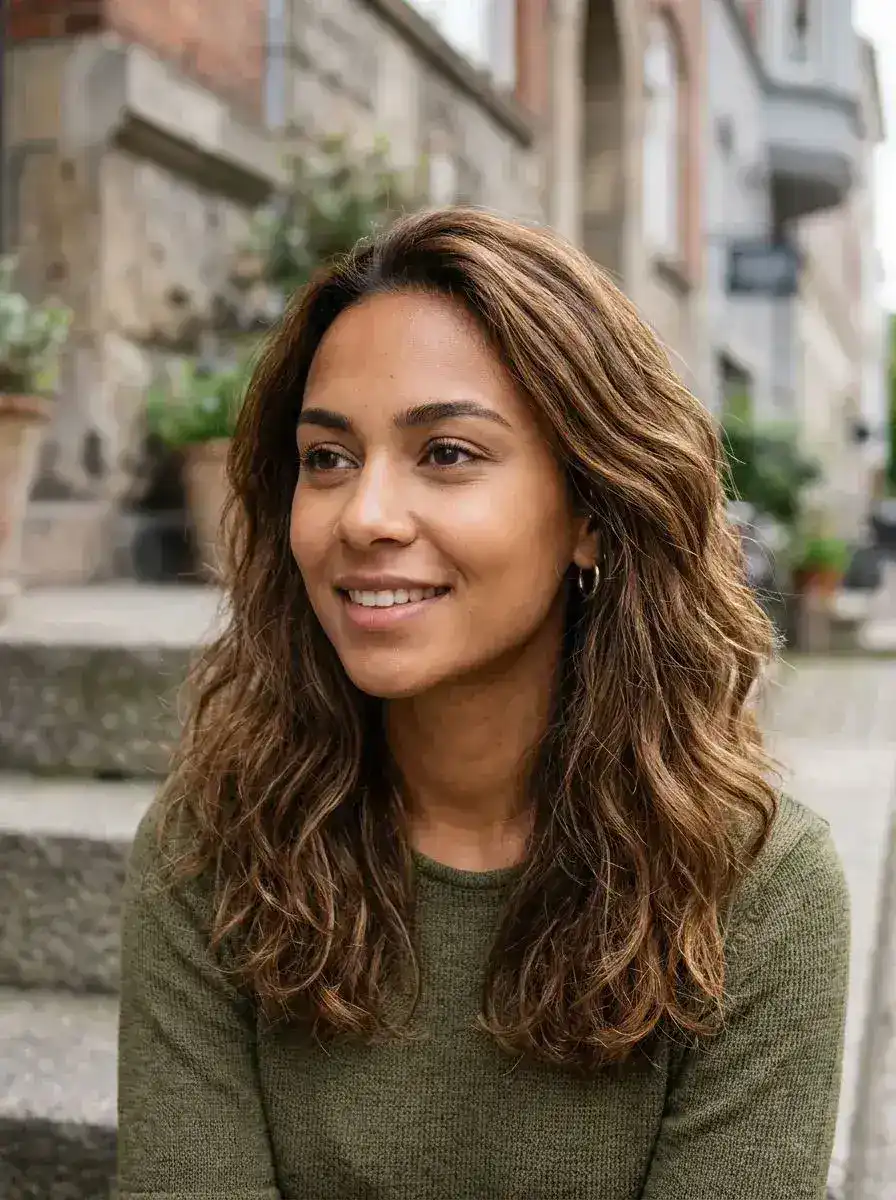 Dame med halvlangt bølgete hår i brun balayage fotografert utendørs