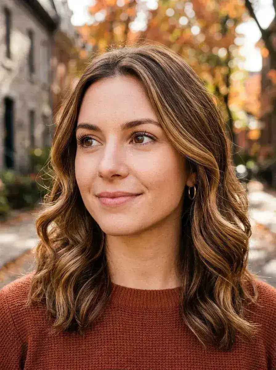 Halvlangt bølgete hår med brun balayage og varme karamellhighlights
