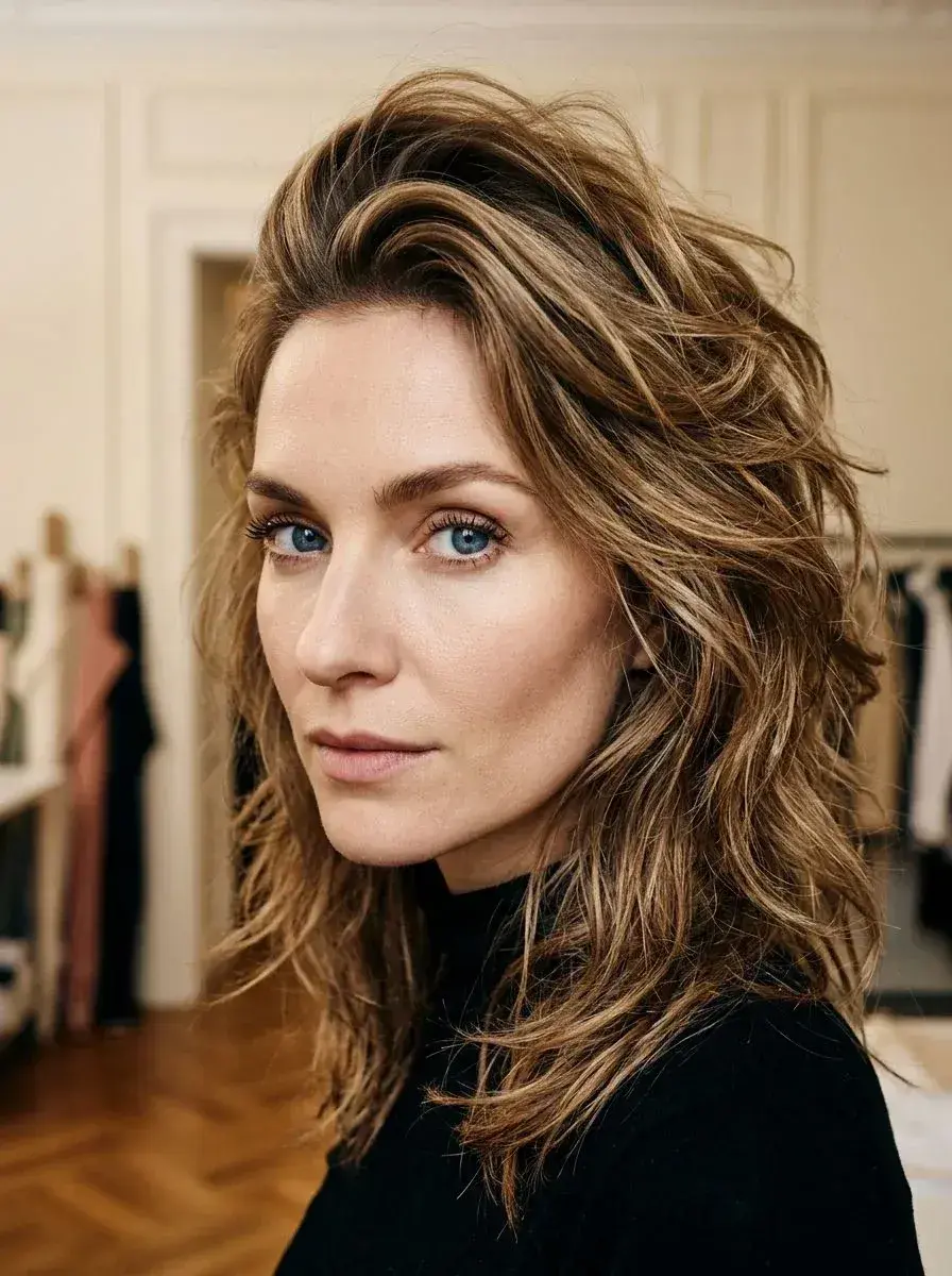 Halvlangt bølgete hår med balayage i lysebrune toner og mye tekstur