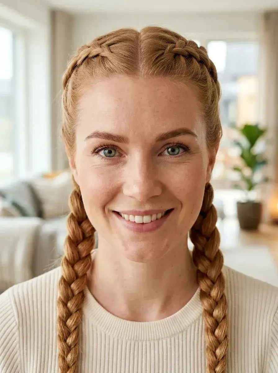 Dame med doble dutch braids i kobberfarge, flettet tett mot hodet ned til løse fletter