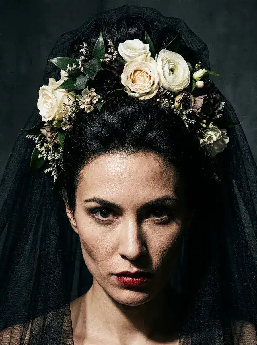 Dame med svart oppsatt hår, blomsterkrone av hvite roser og svart slør