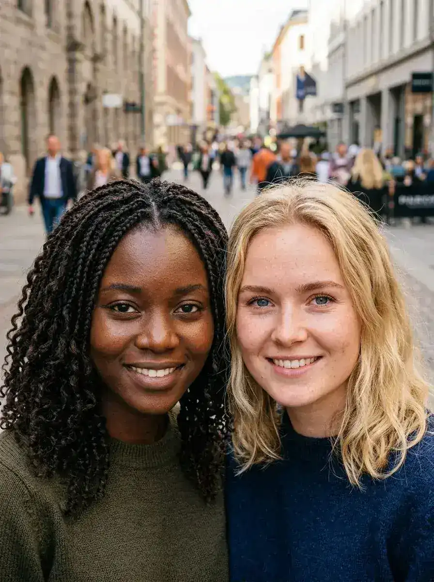 To unge kvinner i bygate – én med mørke box braids, én med blondt bølgete hår