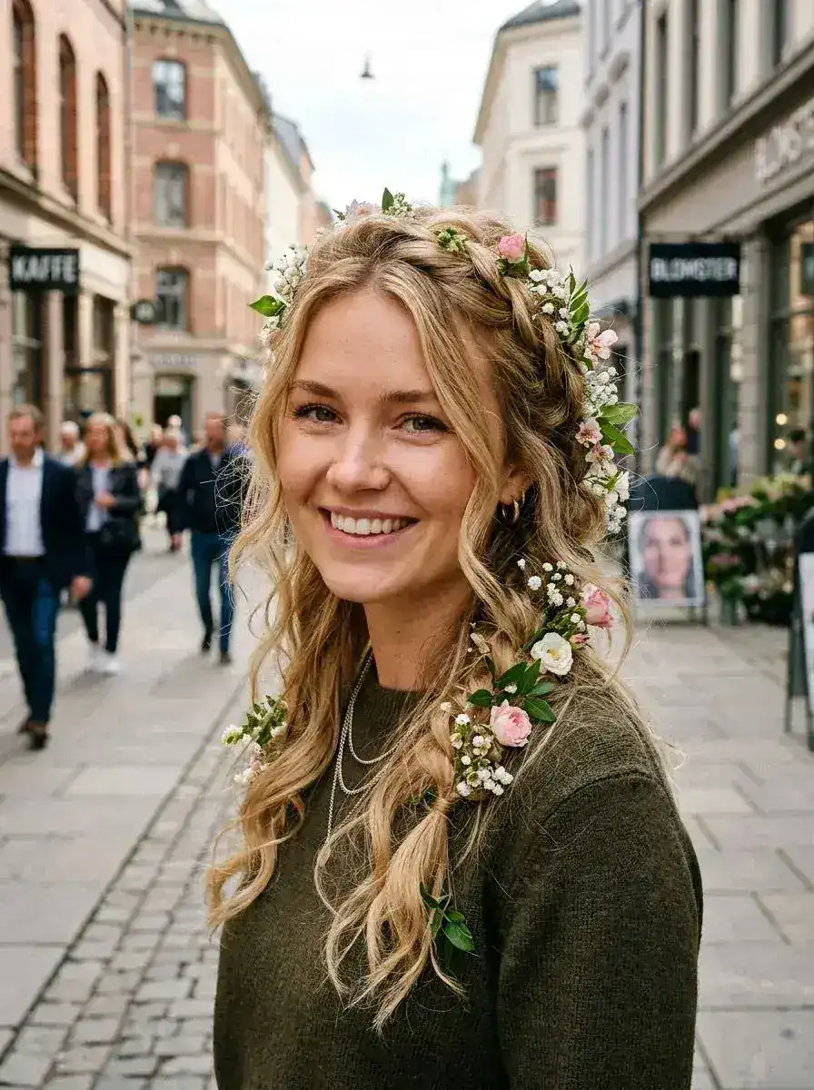 Blond dame med flettet blomsterkrans av rosa og hvite blomster og løse bølger