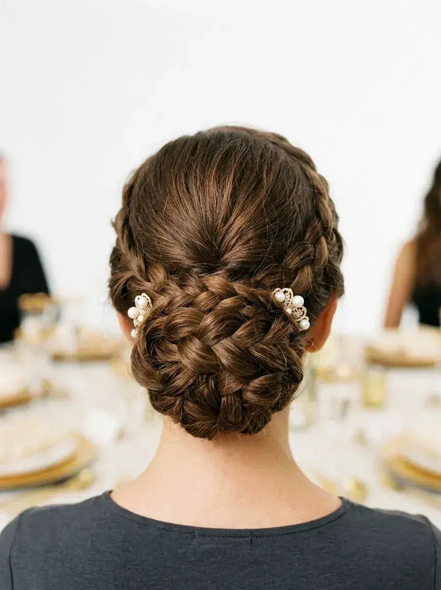 Bakside av mørkebrunt langt hår i flettet lav chignon med perlespenner, stram finish