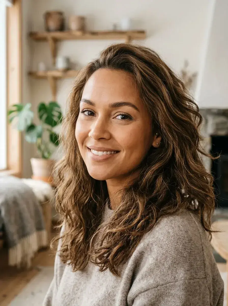 Dame med halvlangt bølgete lysebrun hår med naturlige highlights og layers