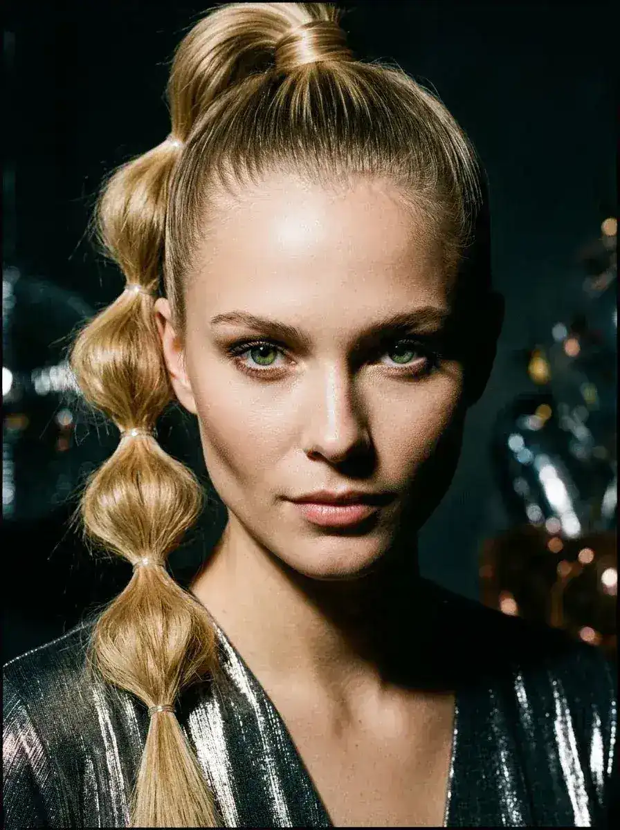 Blond kvinne med høy bubble ponytail, glatt front og lange bobler festet med små strikker.