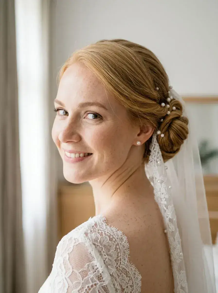 Brud med rødblond chignon pyntet med perler og slør