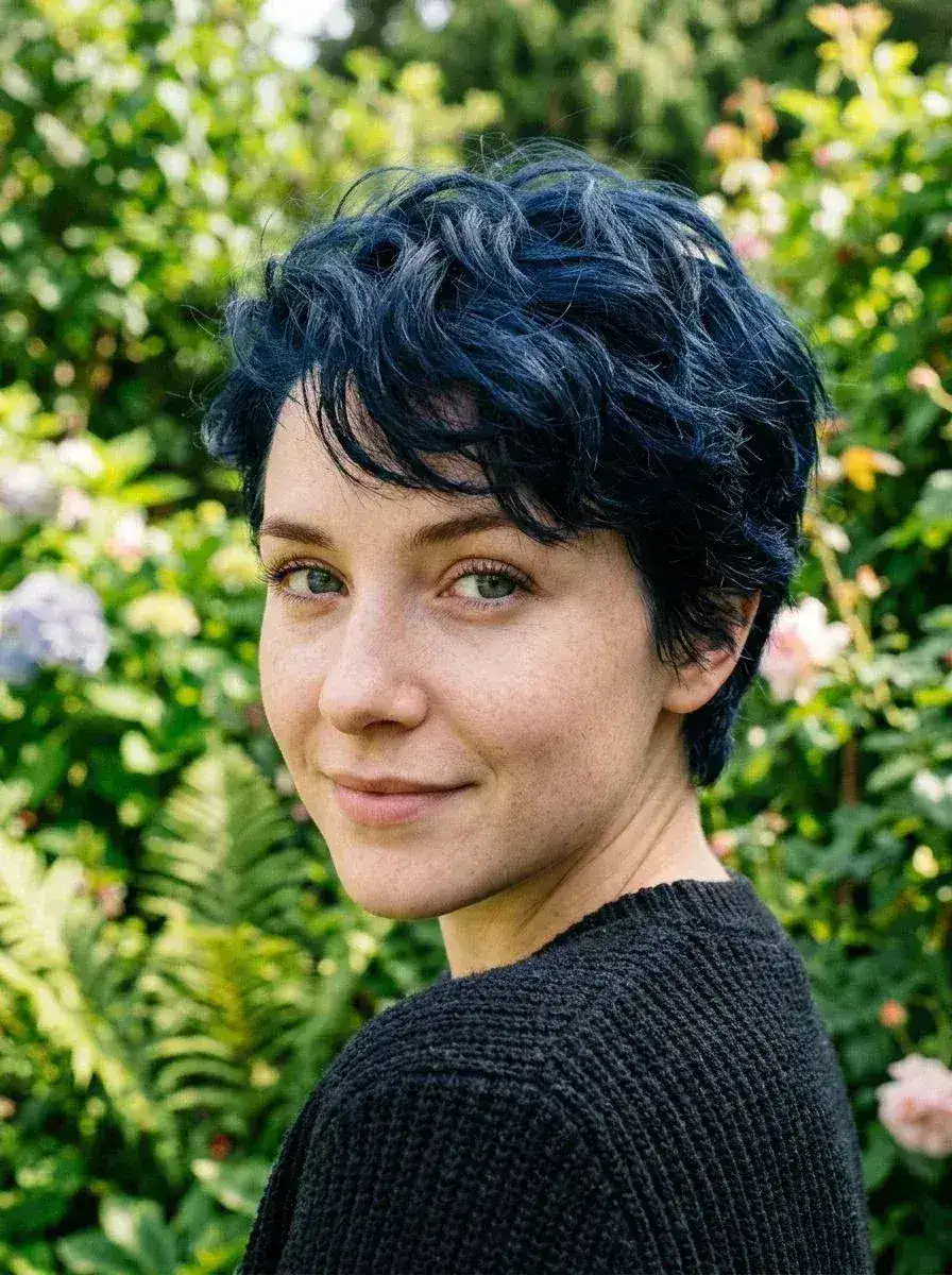Kort pixie-cut med mørkeblått hår og naturlige bølger, fotografert utendørs