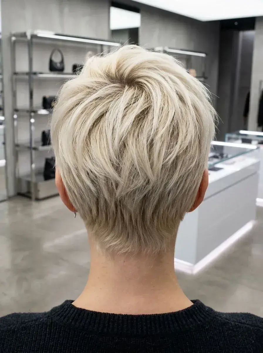 Bakside av kort platinablond pixie-cut med layers og teksturert finish