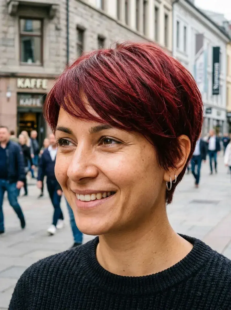 Dame med kort rød pixie-cut og side-lugg i bygate