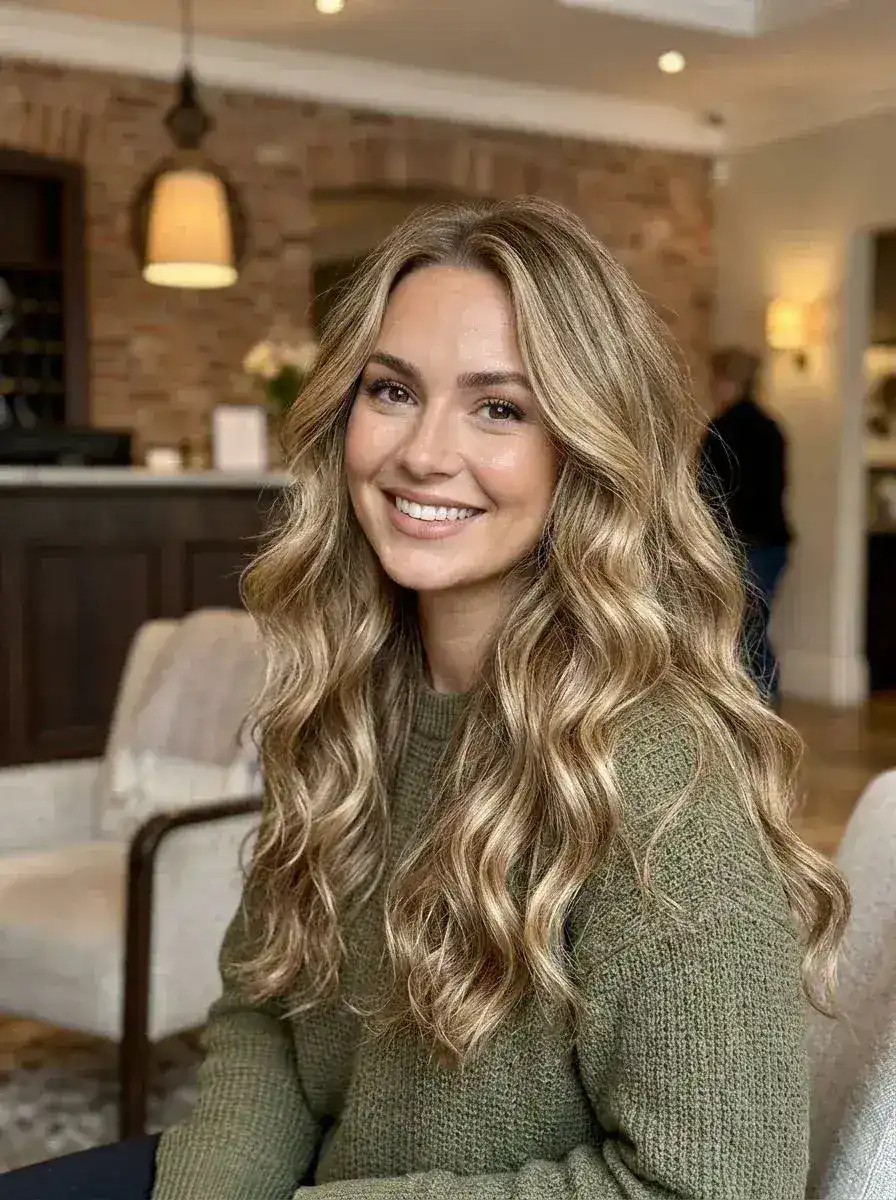 Lang blond balayage med løse beach waves og naturlig rotvolum