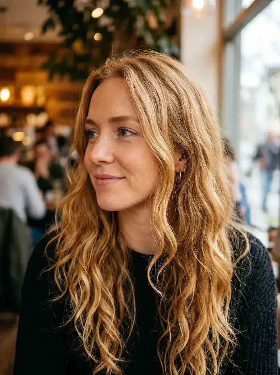 Kvinne med langt, bølgete honningblond balayage-hår i avslappet stil