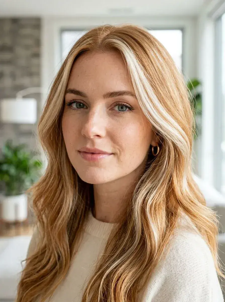 Lang blond balayage med løse bølger og lys money piece ramme