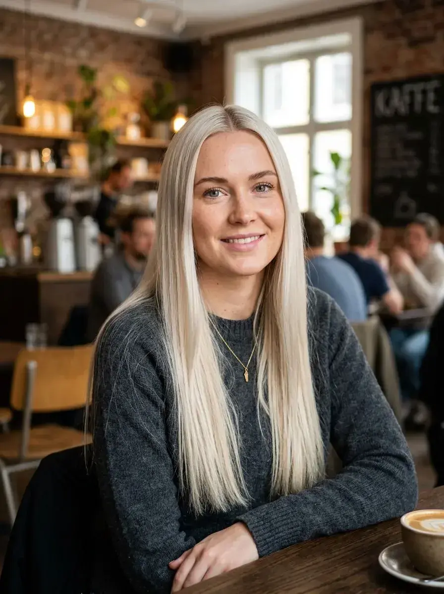 Dame med lang, glatt platinablond frisyre sitter på kafé