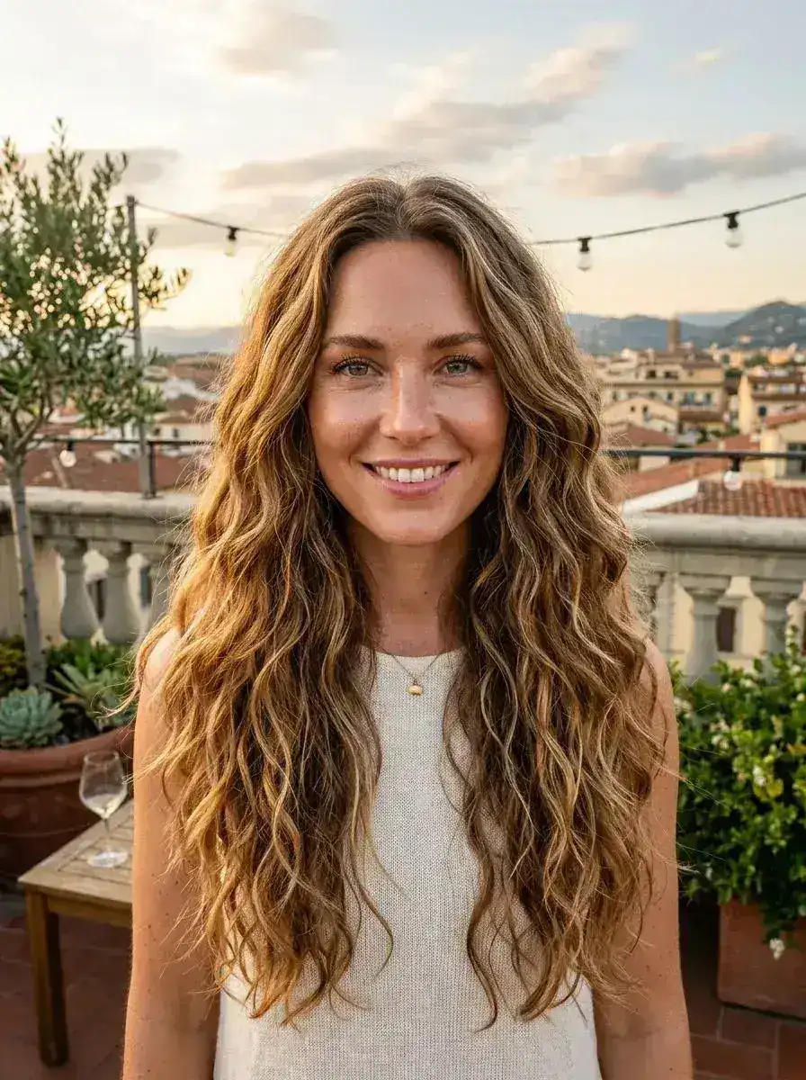 Dame med langt bølgete hår i lysebrun balayage på solrik terrasse