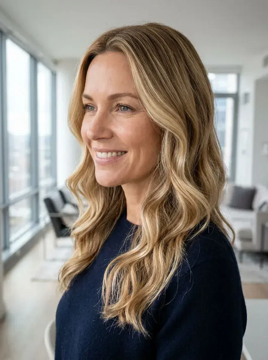 Dame med langt blondt balayage-hår i løse beach waves
