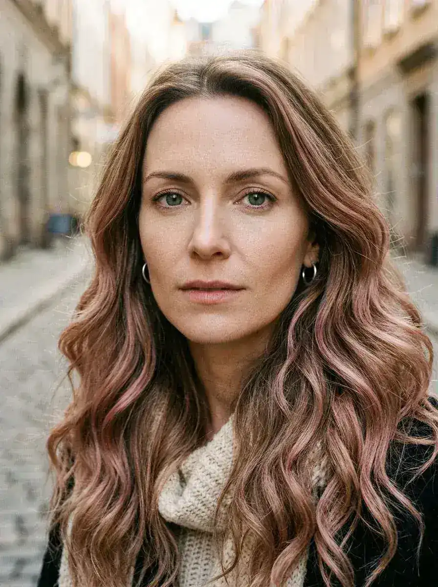Dame med langt bølgete hår i brun-rosa balayage på brosteinsgate