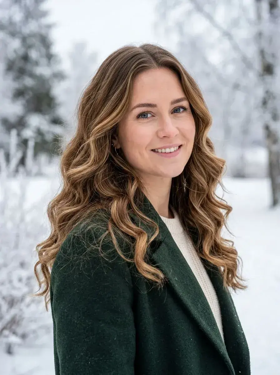 Dame med langt brunt krøllet hår med balayage, fotografert utendørs i vinterlandskap