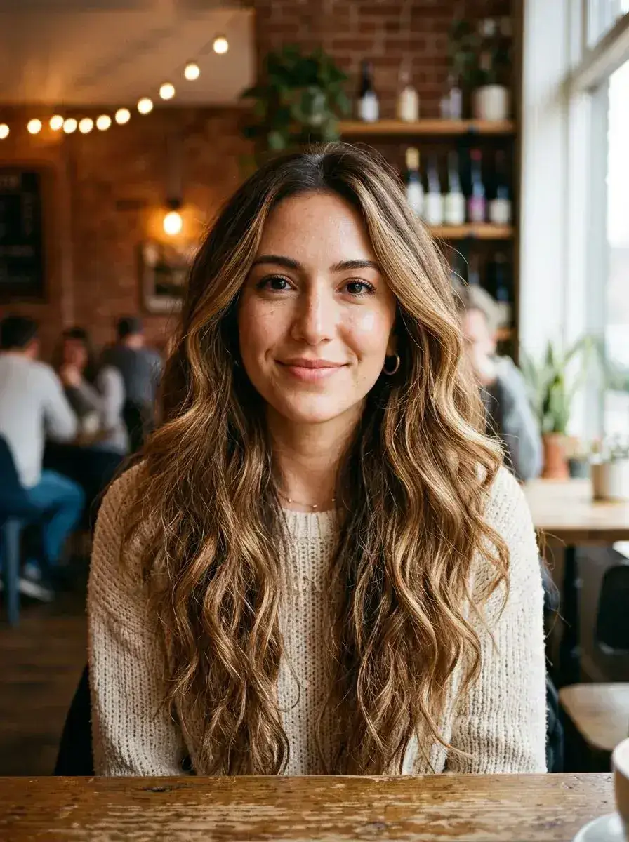 Langt bølgete hår med varm balayage og løse beach waves