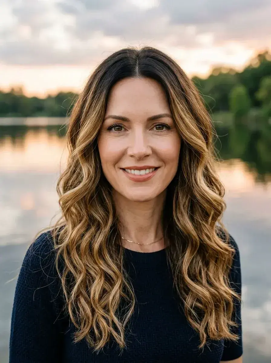 Dame med langt bølgete hår og varm balayage fra mørk rot til blond spiss
