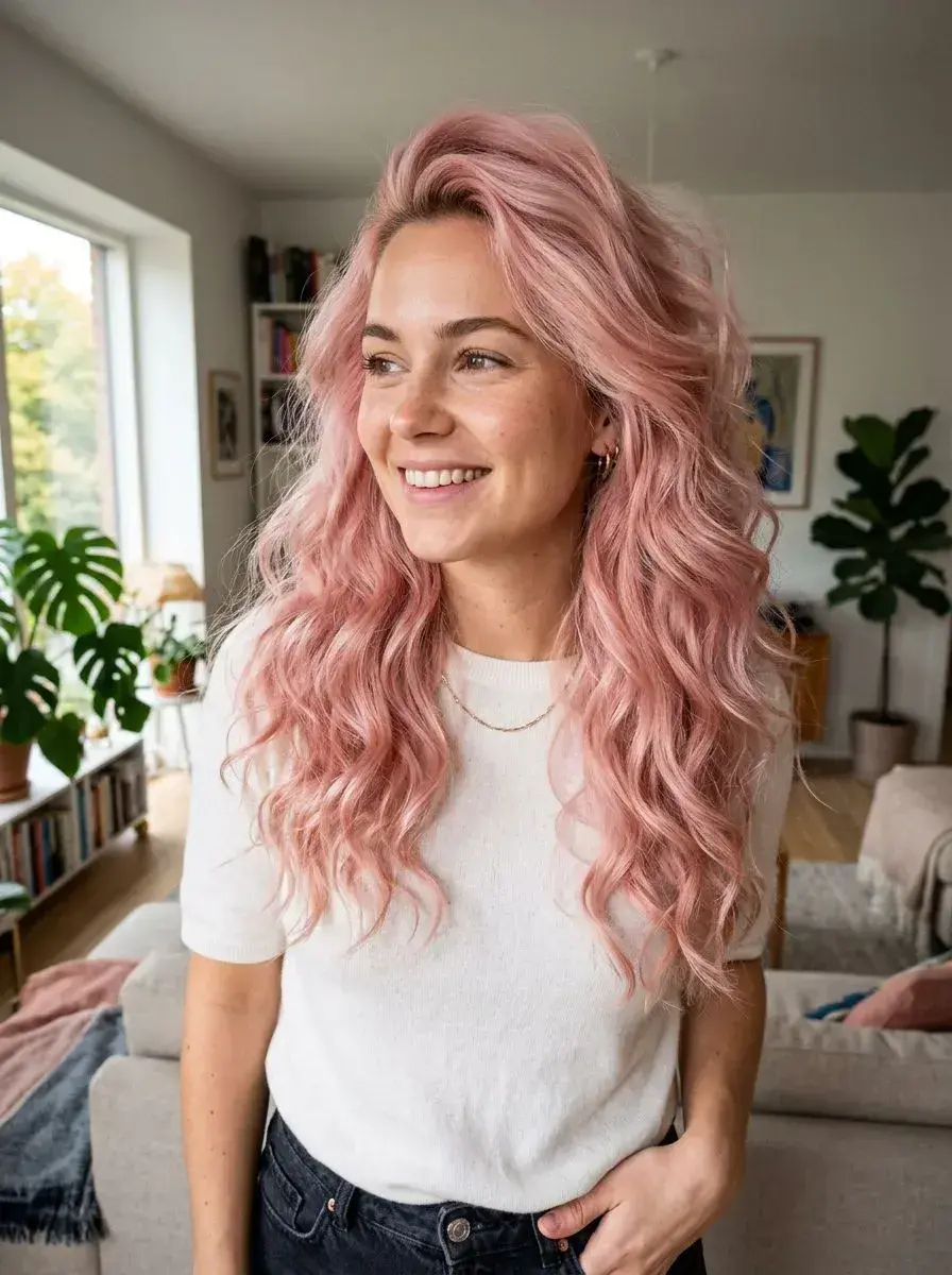 Dame med langt pastell rosa bølgete hår og naturlig volum