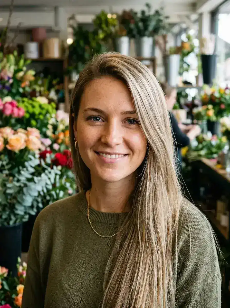 Dame med langt, rett blondt hår med lyse highlights i blomsterbutikk