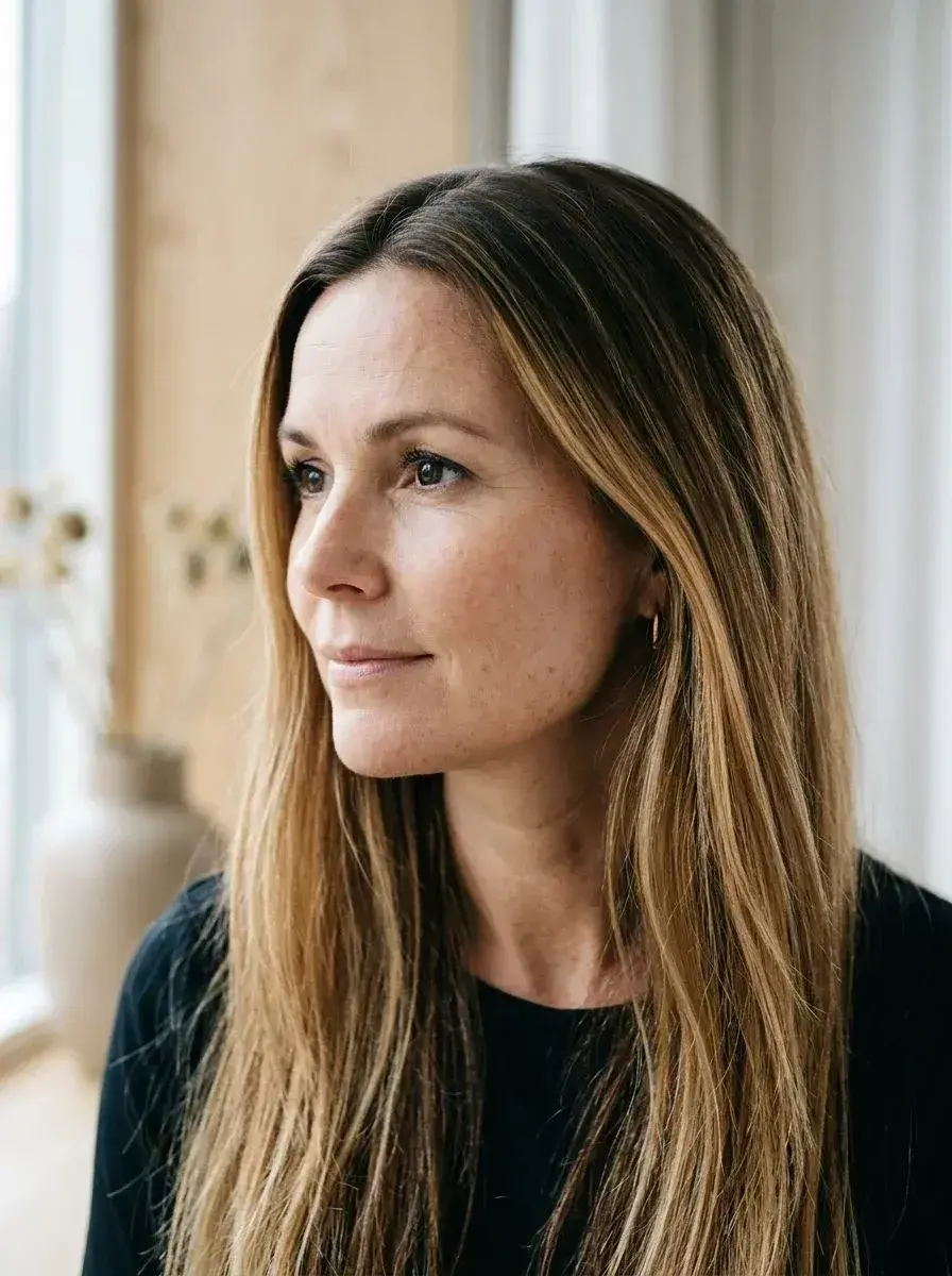 Dame med langt rett hår og varm balayage fra mørk rot til lys blond