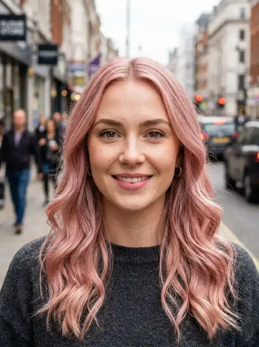 Dame med langt rosa bølgete hår fotografert på bygate