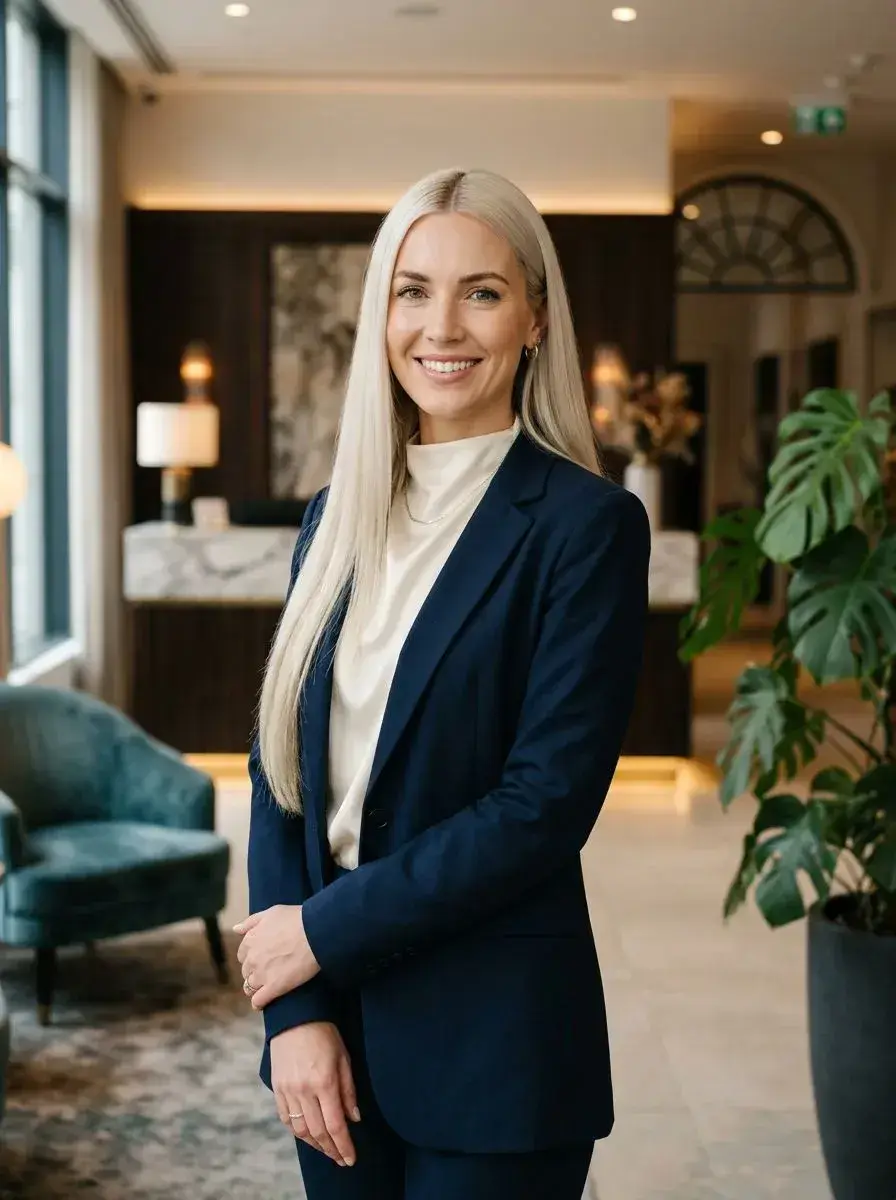 Dame med langt, glatt platinablondt hår løst nedover skuldrene