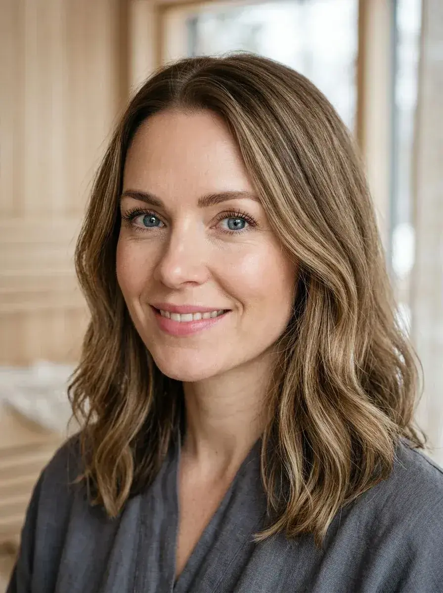 Dame med halvlangt bølgete hår i lysebrun balayage