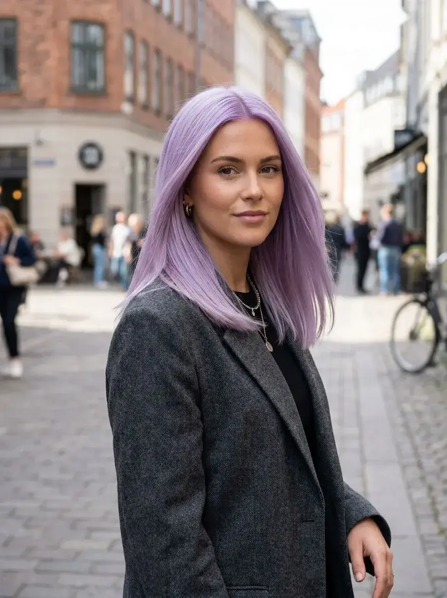 Dame med halvlangt rett lob i pastell lilla farge på bygate