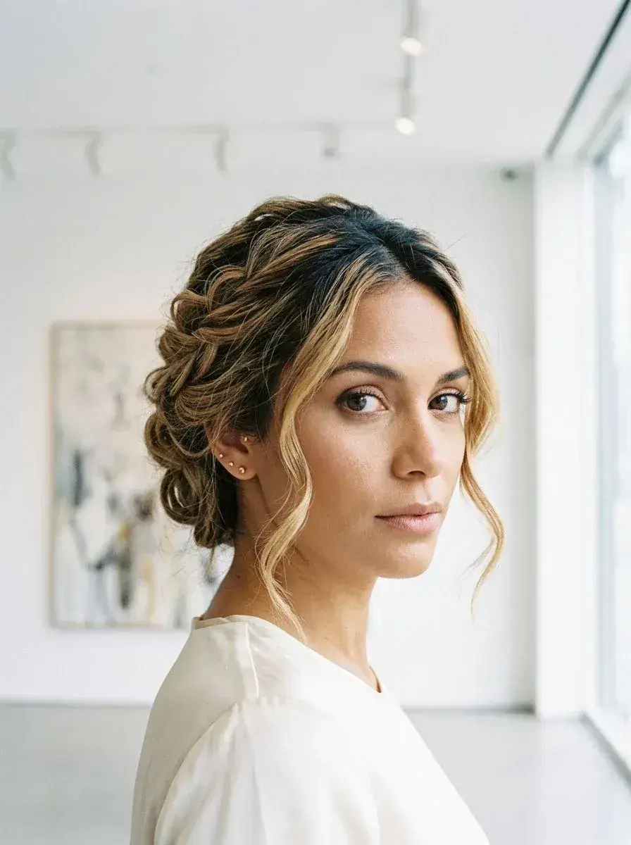 Løst oppsatt hår med flettedetalj og balayage, løse tenninger rundt ansiktet