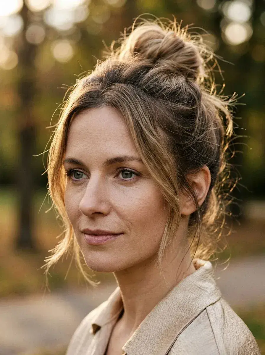 Kvinne med langt lysebrunt hår i luftig messy bun, løse face-framing lokker, ute i mykt kveldslys.