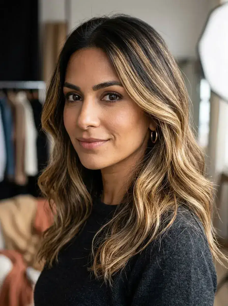 Langt mørkt hår med varm balayage og løse beach waves