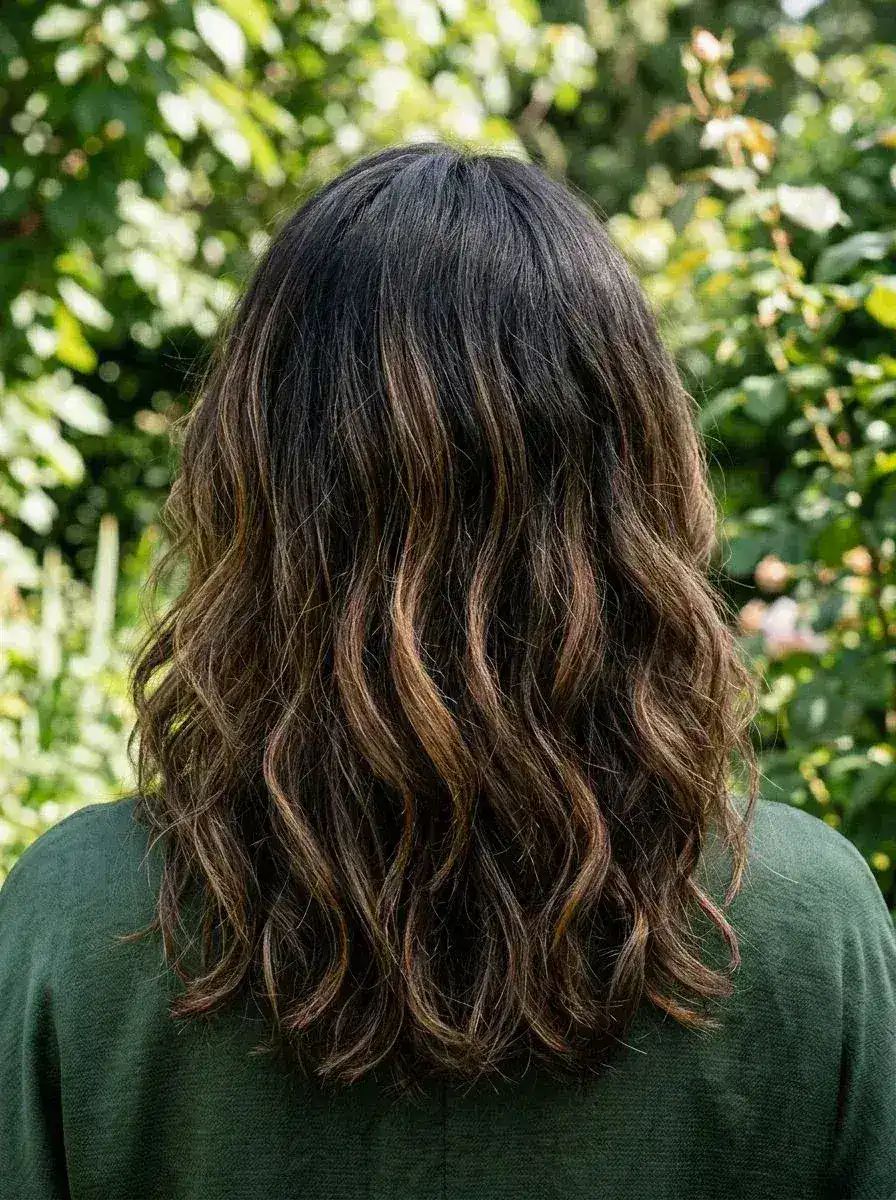 Halvlangt mørkt hår med karamell balayage og løse bølger sett bakfra