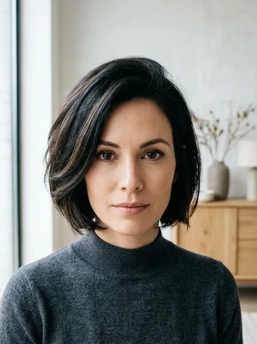 Dame med mørk bølgete bob i hake-lengde, naturlig styling