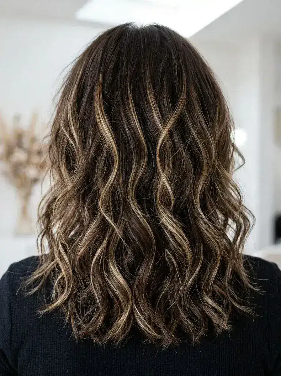 Halvlangt mørkebrunt hår med håndmalt balayage og myke beach waves sett bakfra