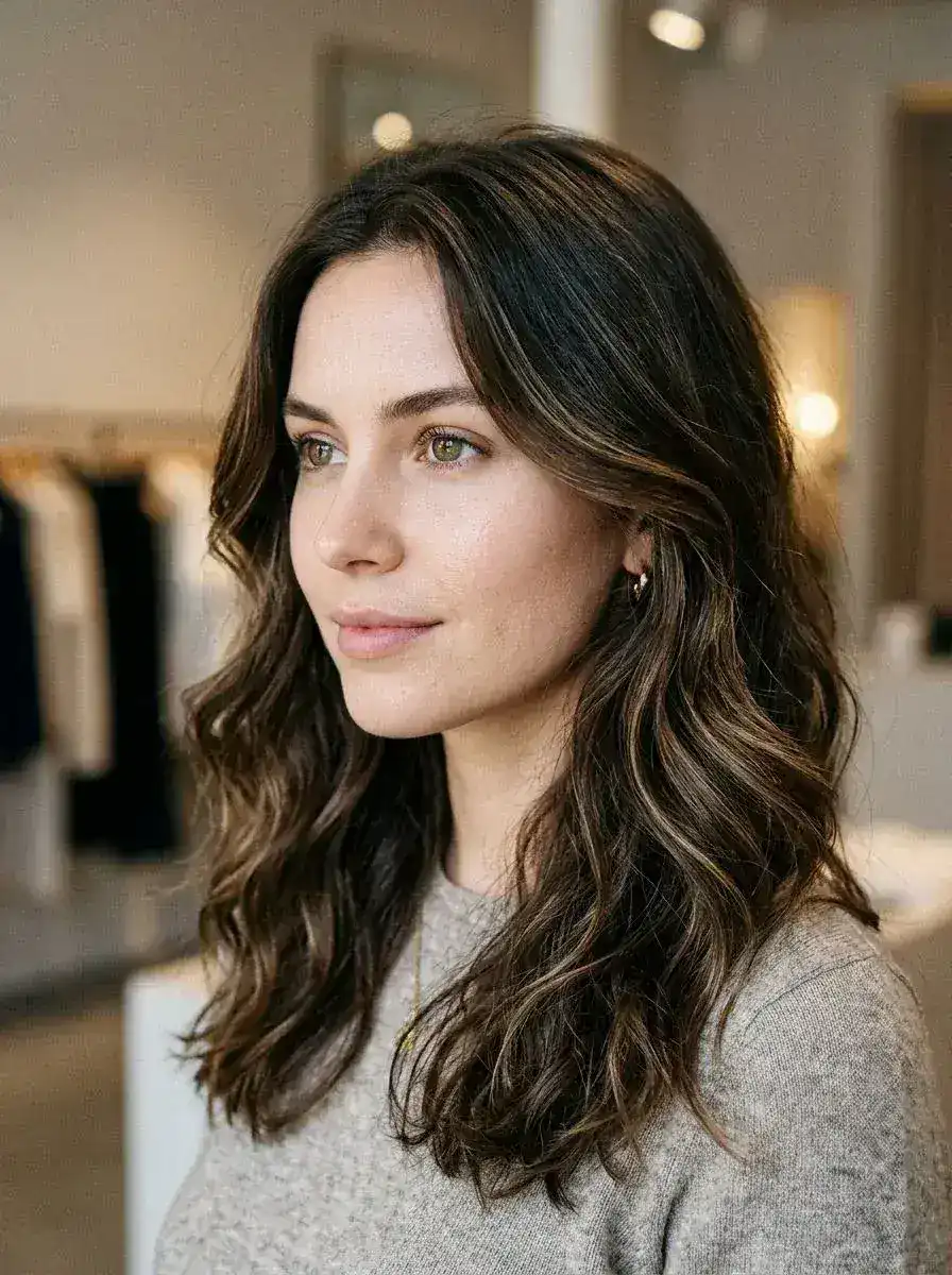 Dame med mørk brun lob, løse bølger og subtil balayage i varm brunfarge