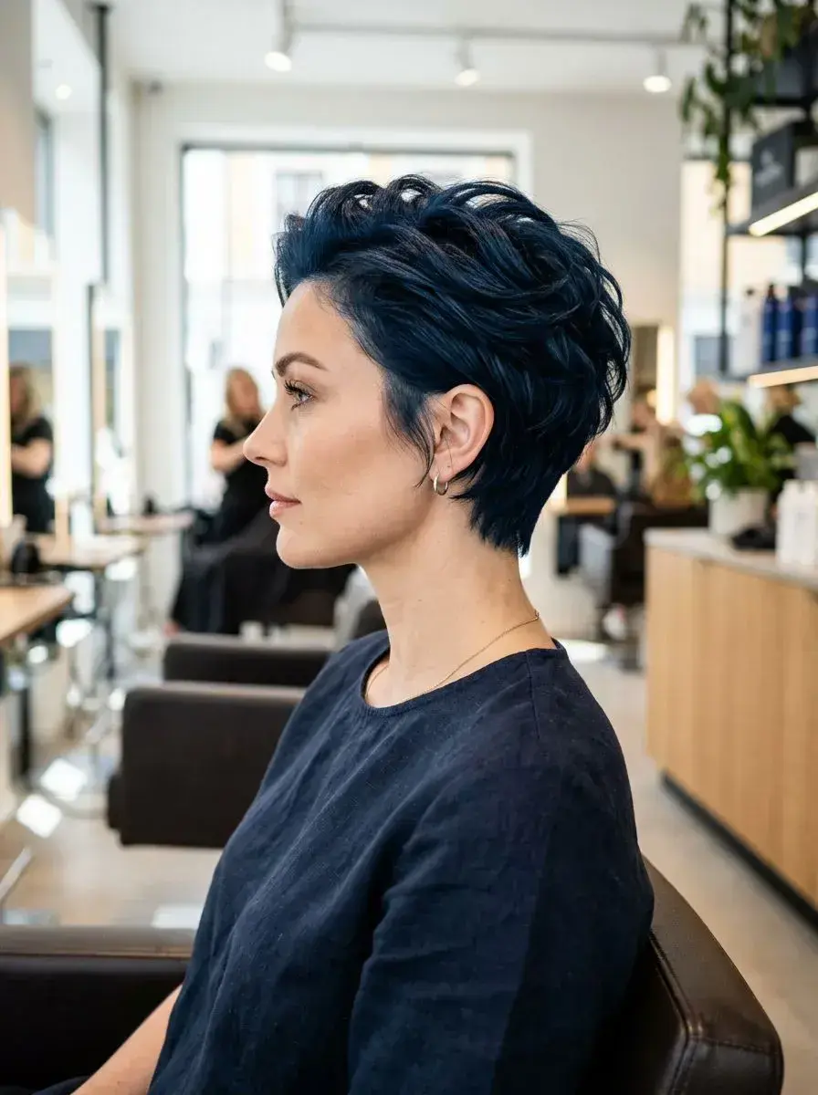 Dame med kort mørkeblå pixie-cut med bølget tekstur og kortklipte sider