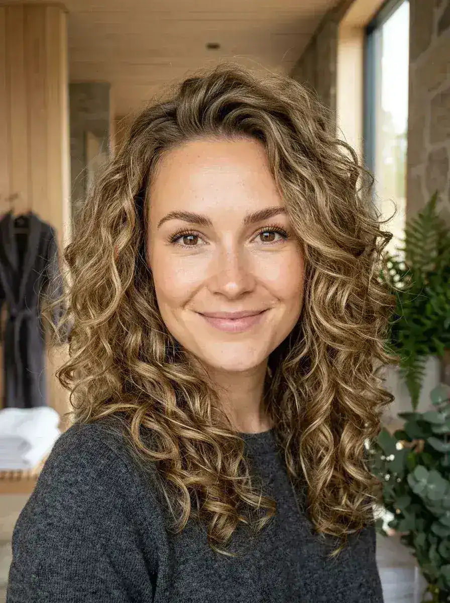 Dame med tykke, definerte krøller og lys balayage på lysebrun base