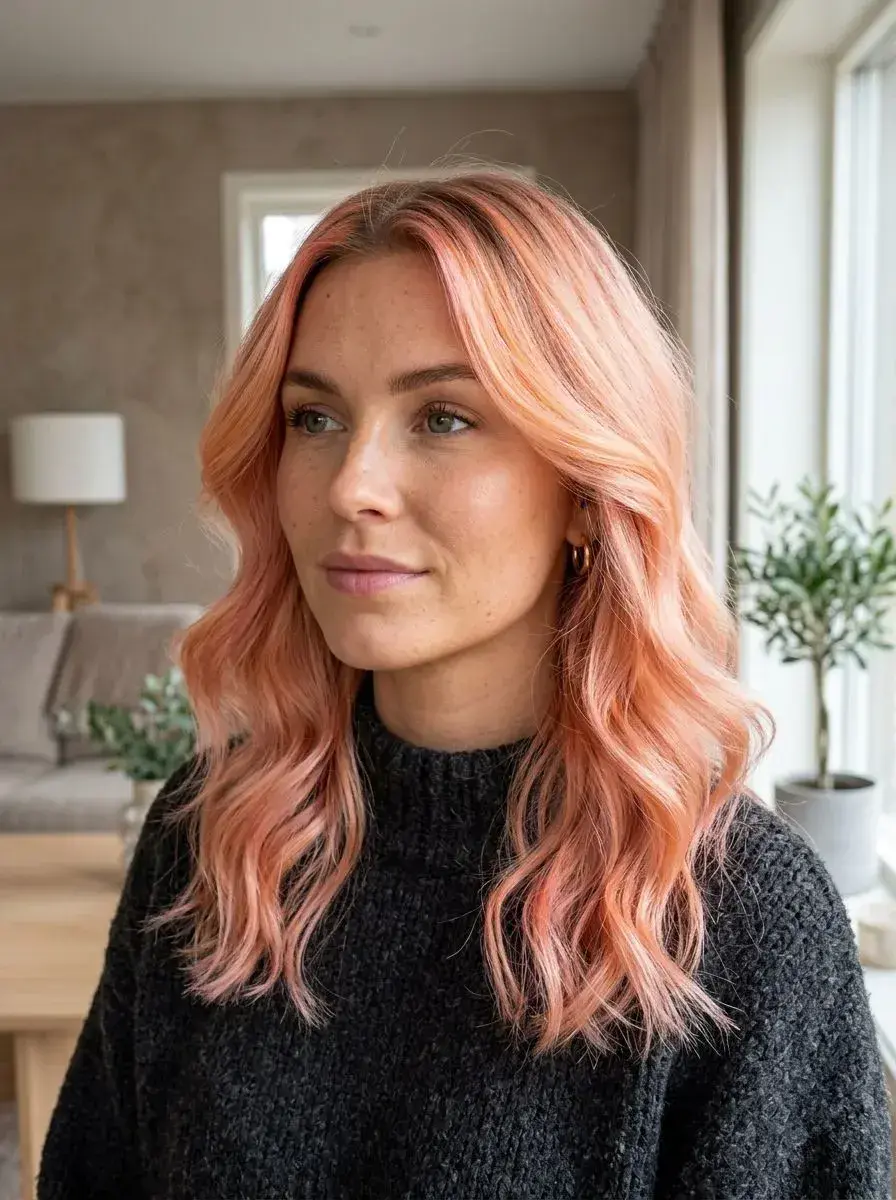 Dame med peachy rosa lob og løse bølger fotografert i lyst rom