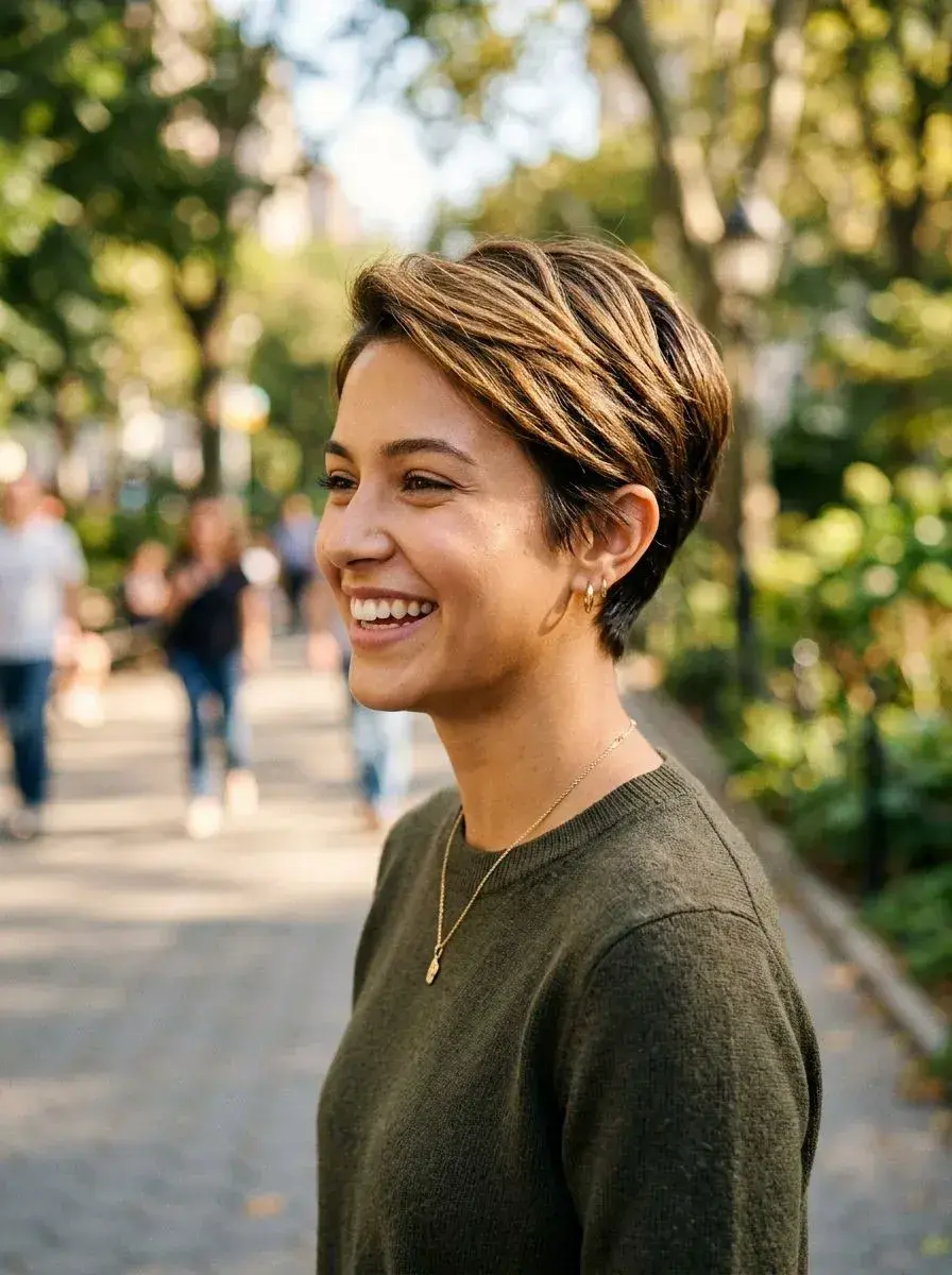 Kort pixie-cut med lyse highlights og layers, sett fra siden utendørs