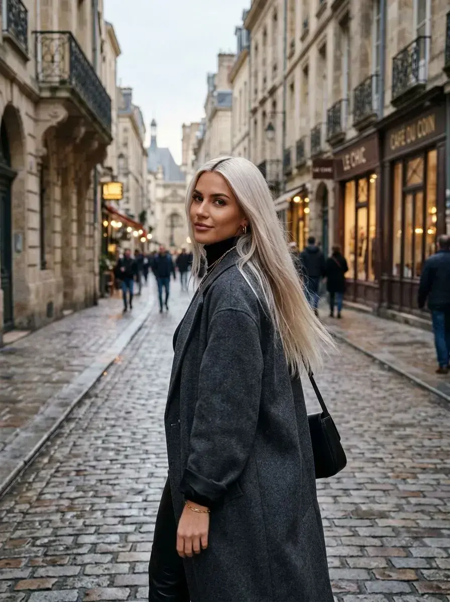 Dame med langt platinablont glatt hår i parisisk gate
