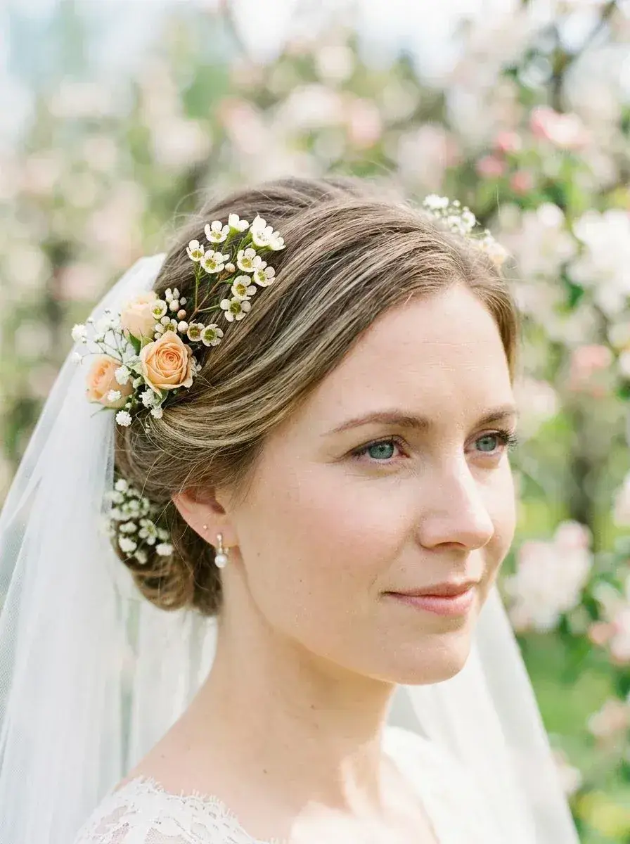 Brud med oppsatt hår pyntet med ferskenroser og hvite blomster og slør